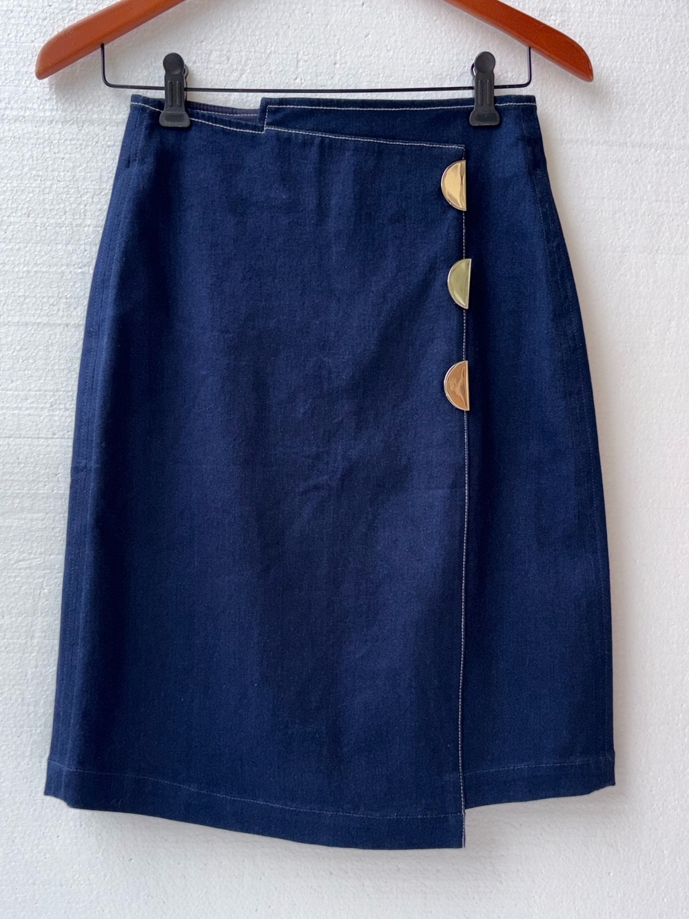 Ochirly Button Detail Denim Wrap Midi Skirt A-Line Minimalist Blue Jean